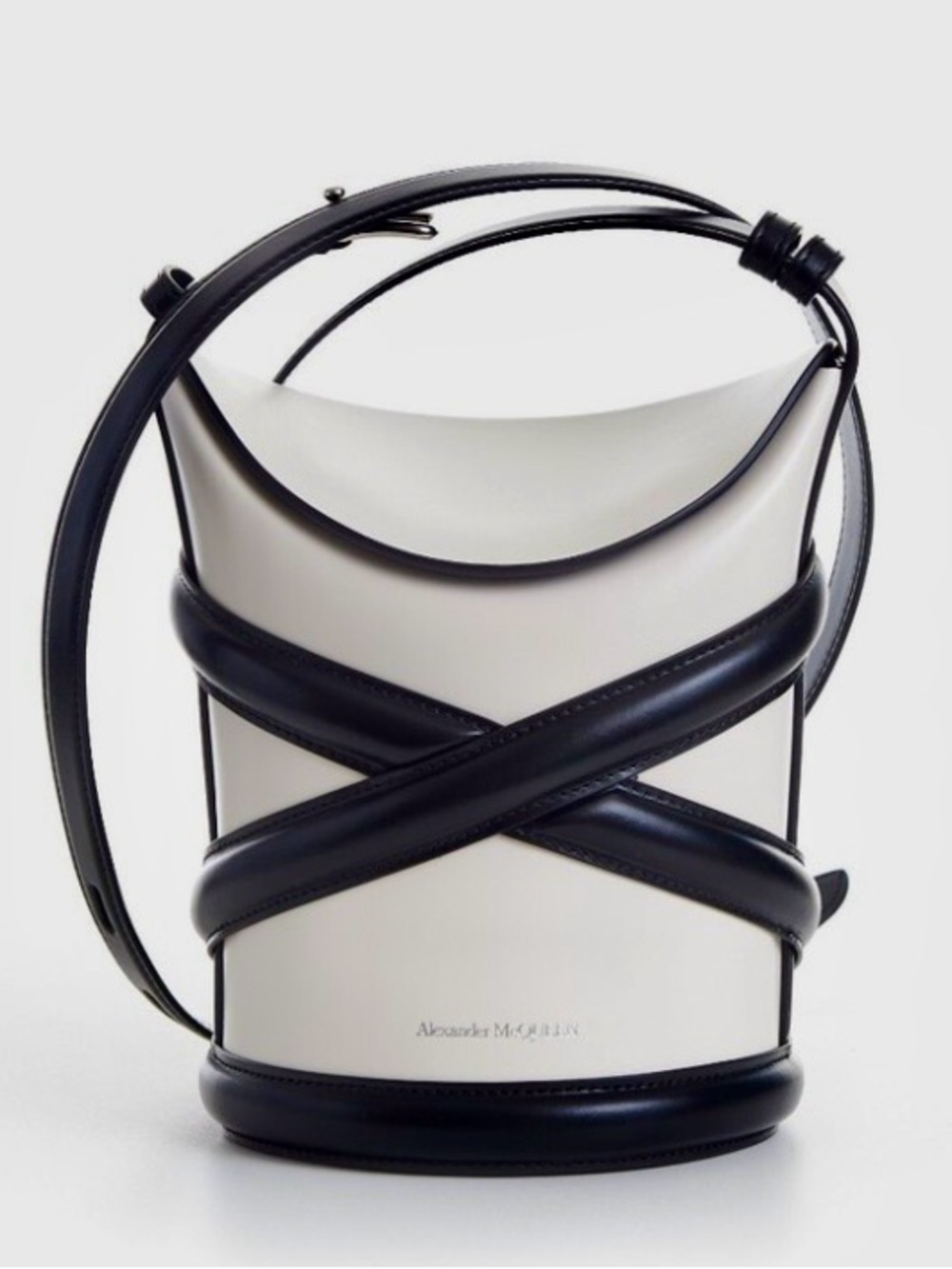 Alexander McQueen Black & White Curve Soft Calfskin Bucket Bag